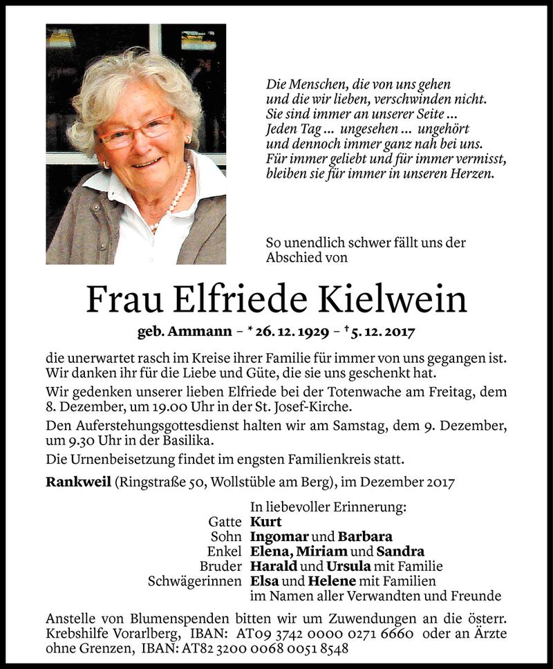  Todesanzeige für Elfriede Kielwein vom 07.12.2017 aus Vorarlberger Nachrichten