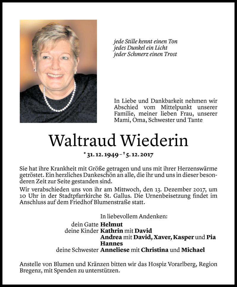  Todesanzeige für Waltraud Wiederin vom 08.12.2017 aus Vorarlberger Nachrichten