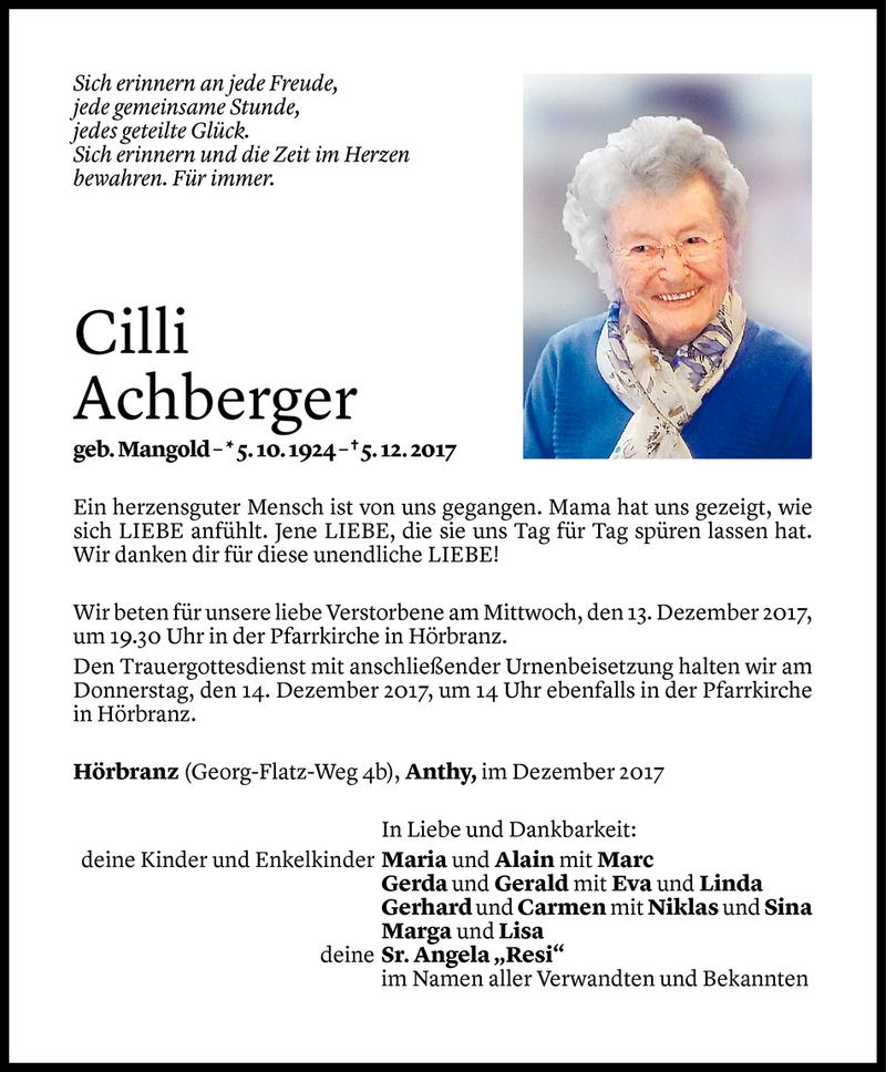  Todesanzeige für Cilli Achberger vom 10.12.2017 aus Vorarlberger Nachrichten