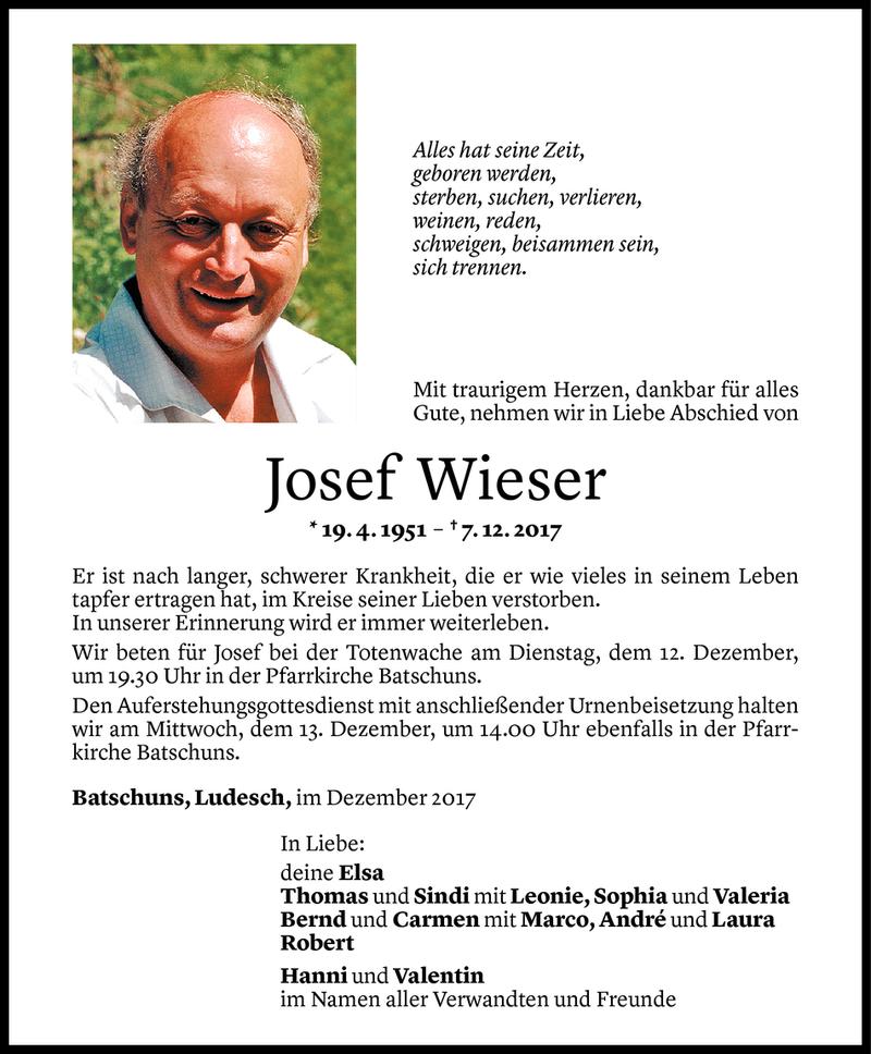  Todesanzeige für Josef Wieser vom 09.12.2017 aus Vorarlberger Nachrichten