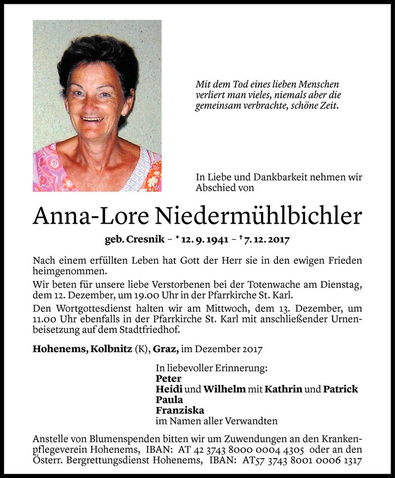  Todesanzeige für Anna-Lore Niedermühlbichler vom 09.12.2017 aus Vorarlberger Nachrichten