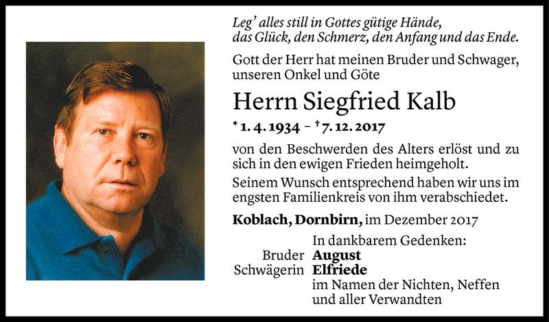  Todesanzeige für Siegfried Kalb vom 14.12.2017 aus Vorarlberger Nachrichten