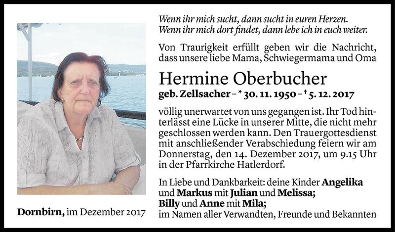  Todesanzeige für Hermine Oberbucher vom 11.12.2017 aus Vorarlberger Nachrichten