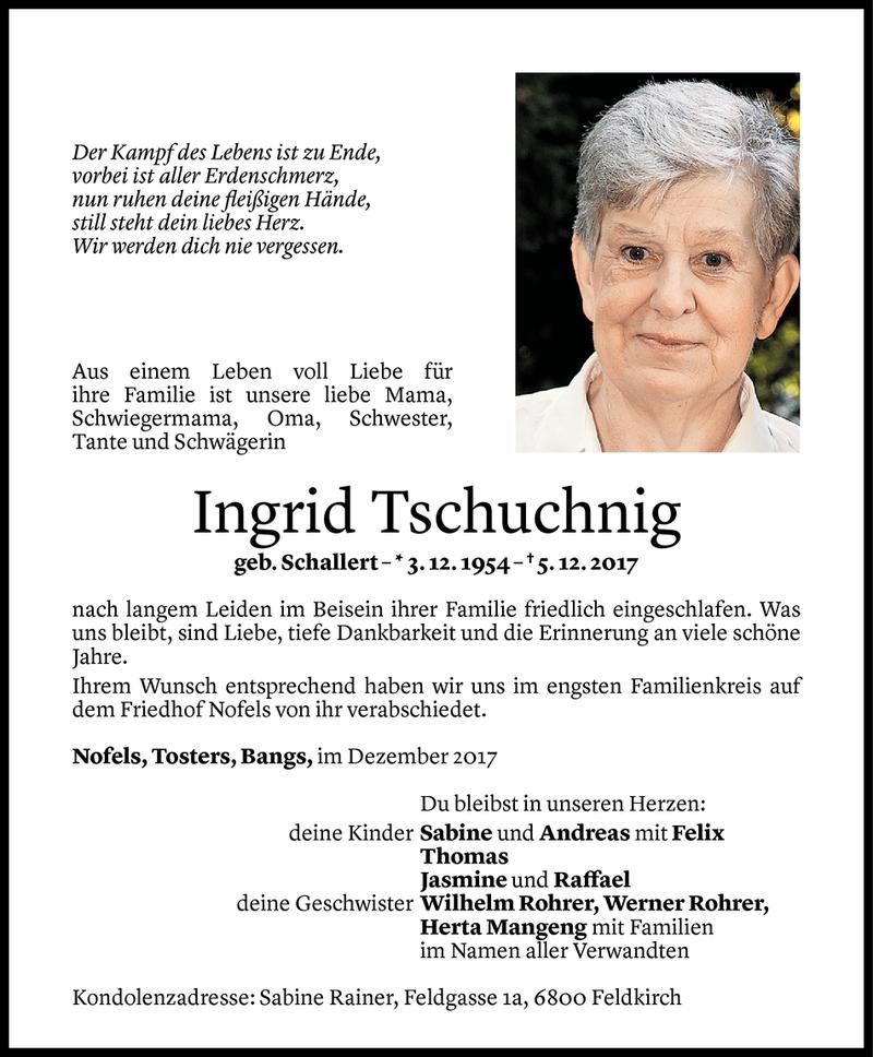  Todesanzeige für Ingrid Tschuchnig vom 11.12.2017 aus Vorarlberger Nachrichten