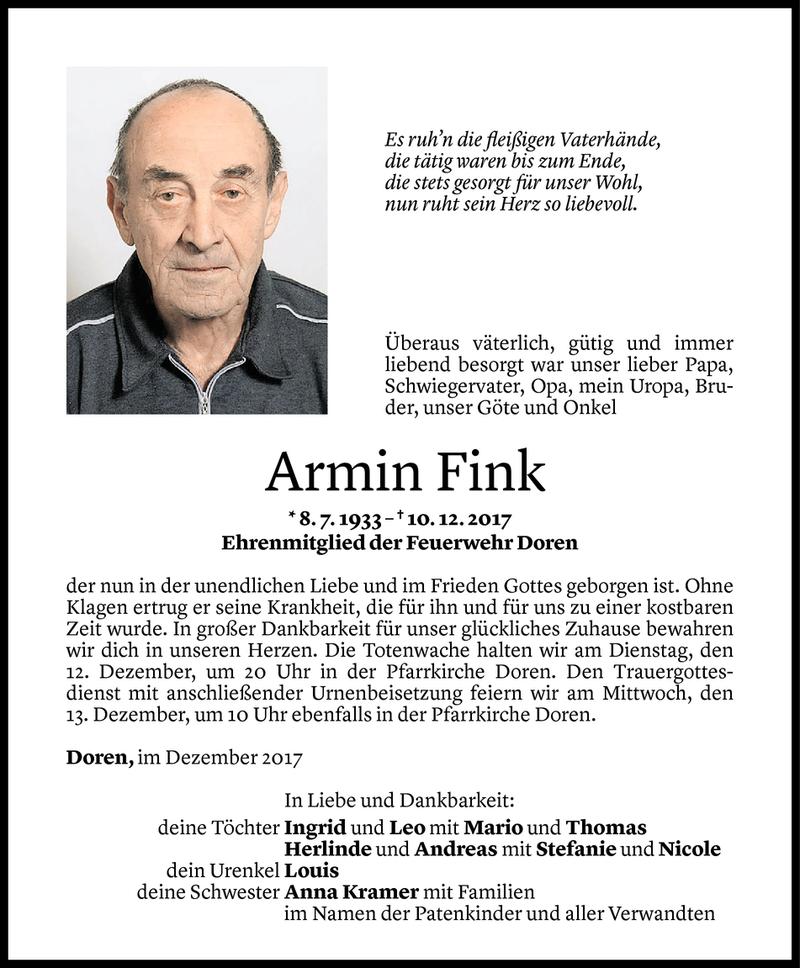  Todesanzeige für Armin Fink vom 10.12.2017 aus Vorarlberger Nachrichten