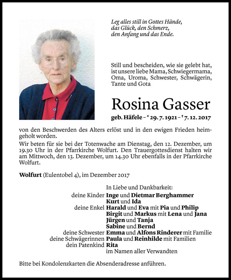  Todesanzeige für Rosina Gasser vom 10.12.2017 aus Vorarlberger Nachrichten