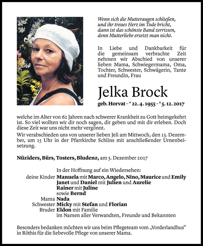  Todesanzeige für Jelka Brock vom 10.12.2017 aus Vorarlberger Nachrichten