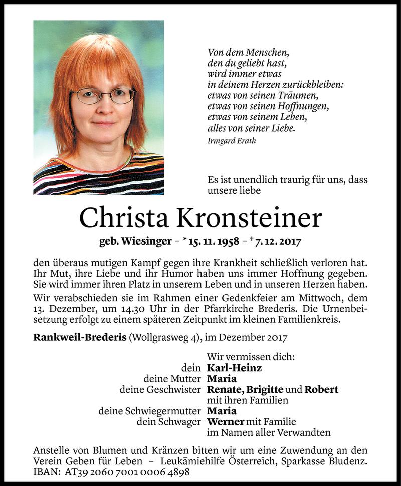  Todesanzeige für Christa Kronsteiner vom 12.12.2017 aus Vorarlberger Nachrichten
