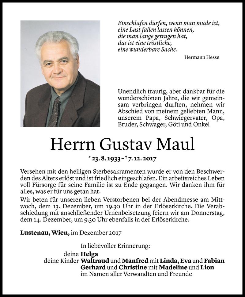  Todesanzeige für Gustav Maul vom 11.12.2017 aus Vorarlberger Nachrichten