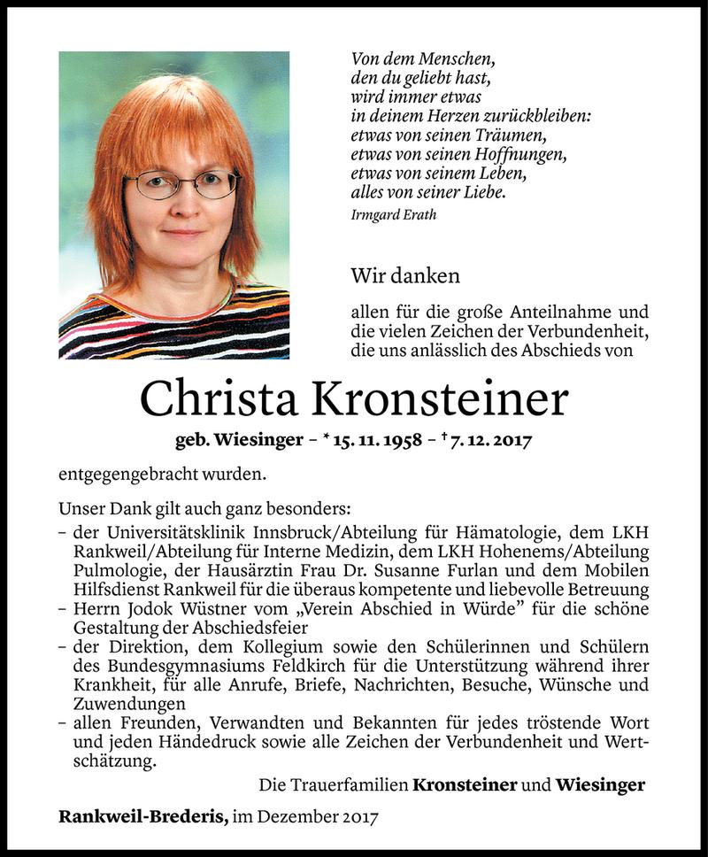  Todesanzeige für Christa Kronsteiner vom 27.12.2017 aus Vorarlberger Nachrichten