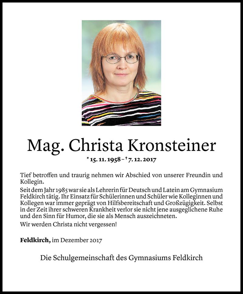  Todesanzeige für Christa Kronsteiner vom 12.12.2017 aus Vorarlberger Nachrichten
