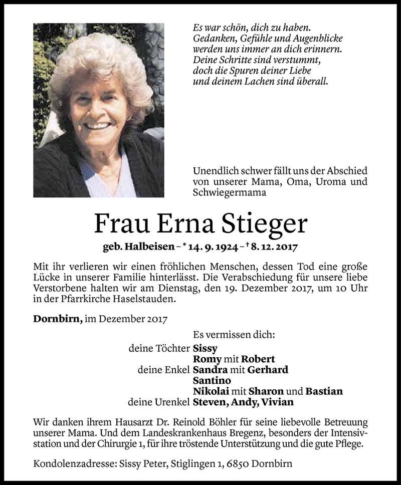 Todesanzeigen von Erna Stieger | Todesanzeigen Vorarlberger Nachrichten