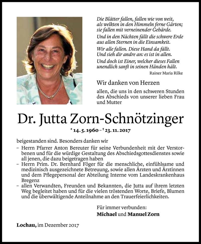  Todesanzeige für Jutta Zorn-Schnötzinger vom 15.12.2017 aus Vorarlberger Nachrichten