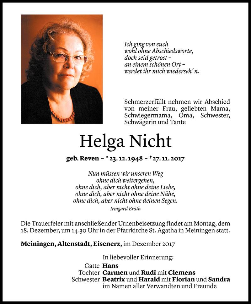  Todesanzeige für Helga Nicht vom 16.12.2017 aus Vorarlberger Nachrichten