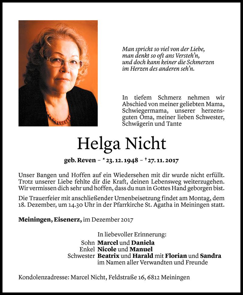  Todesanzeige für Helga Nicht vom 16.12.2017 aus Vorarlberger Nachrichten