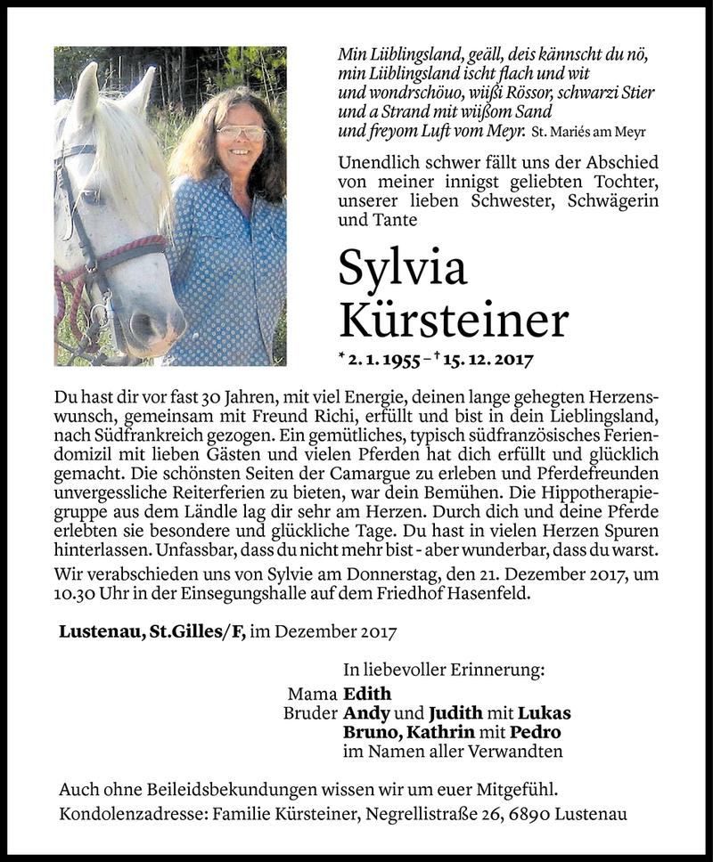  Todesanzeige für Sylvia Kürsteiner vom 18.12.2017 aus Vorarlberger Nachrichten