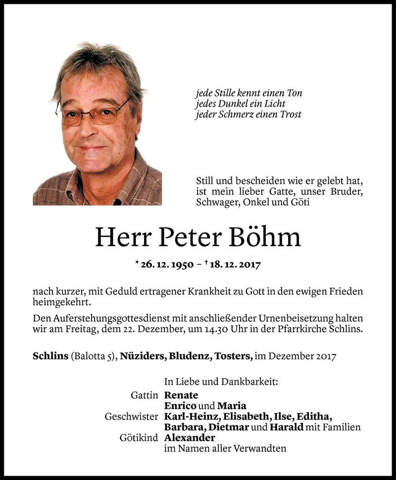  Todesanzeige für Peter Böhm vom 20.12.2017 aus Vorarlberger Nachrichten