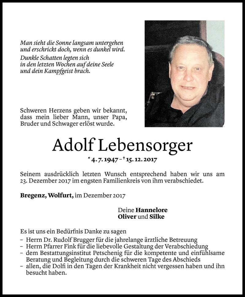  Todesanzeige für Adolf Lebensorger vom 27.12.2017 aus Vorarlberger Nachrichten