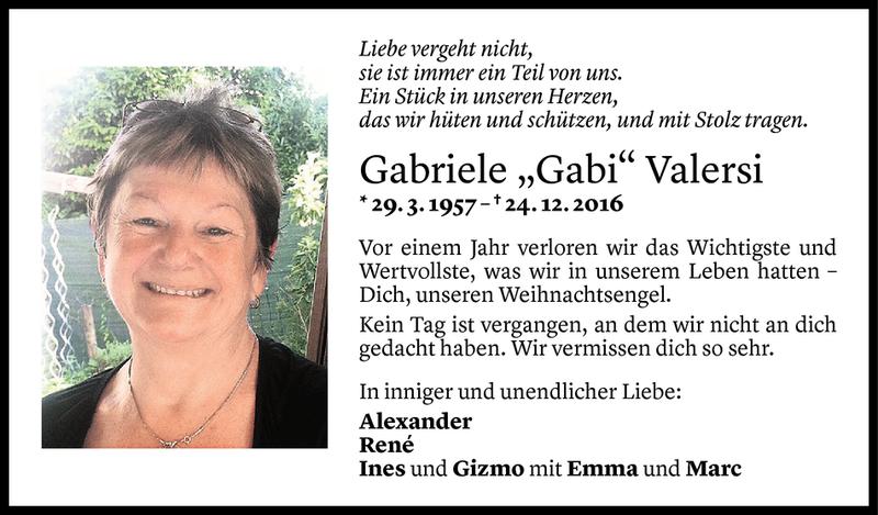  Todesanzeige für Gabriele Valersi vom 22.12.2017 aus Vorarlberger Nachrichten
