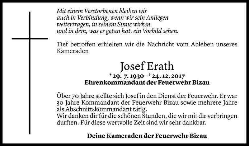  Todesanzeige für Josef Erath vom 26.12.2017 aus Vorarlberger Nachrichten