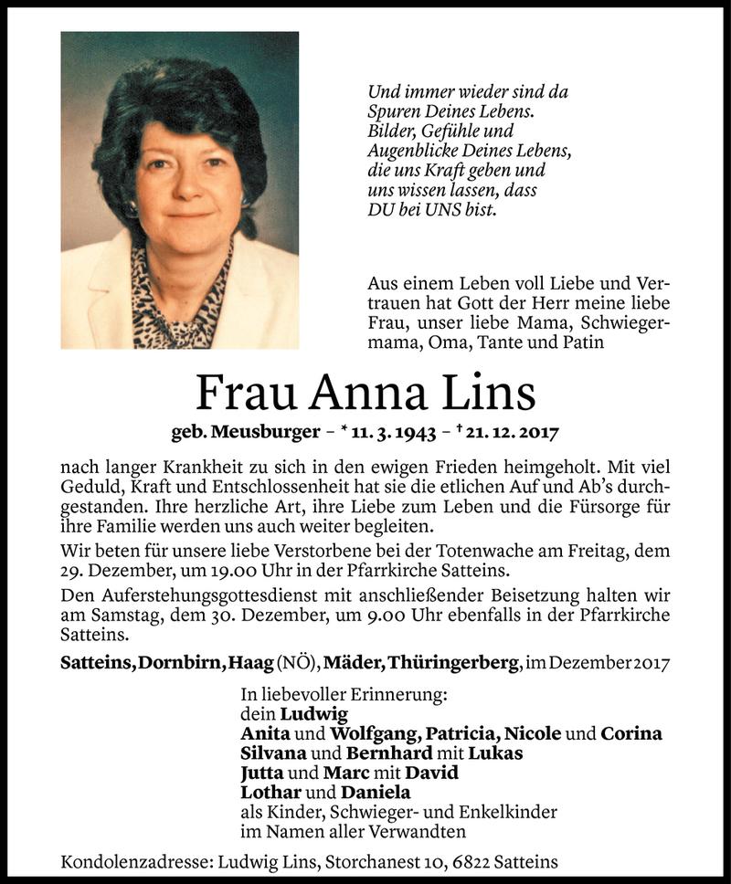  Todesanzeige für Anna Lins vom 27.12.2017 aus Vorarlberger Nachrichten