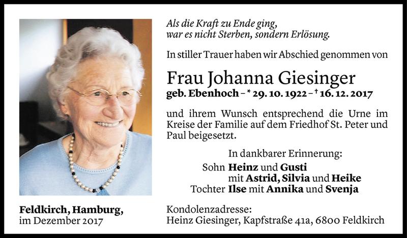  Todesanzeige für Johanna Giesinger vom 30.12.2017 aus Vorarlberger Nachrichten