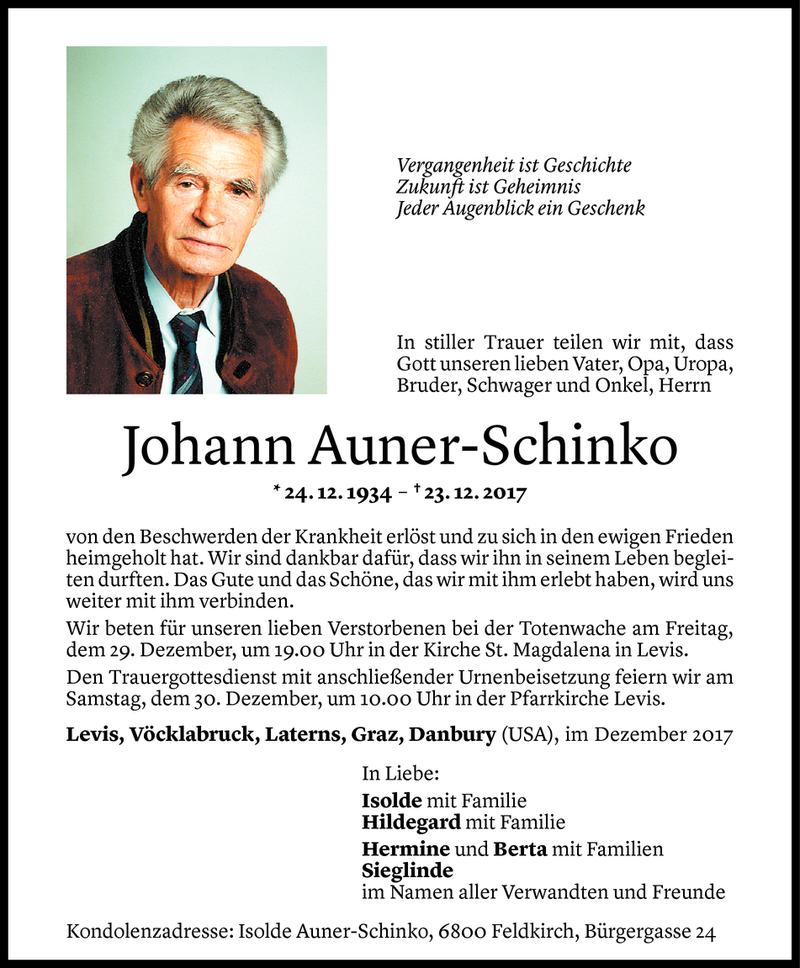  Todesanzeige für Johann Auner-Schinko vom 28.12.2017 aus Vorarlberger Nachrichten