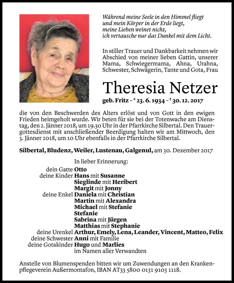 Todesanzeige für Theresia Netzer vom 01.01.2018 aus Vorarlberger Nachrichten