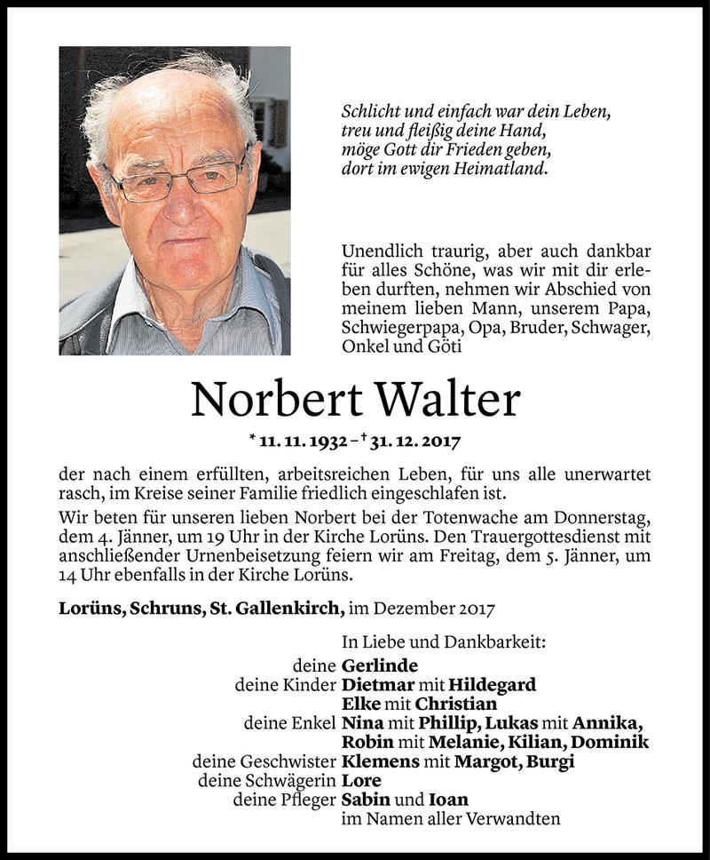  Todesanzeige für Norbert Walter vom 03.01.2018 aus Vorarlberger Nachrichten