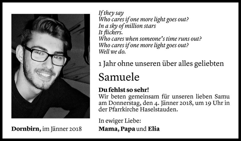  Todesanzeige für Samuele Italo Cafasso vom 02.01.2018 aus Vorarlberger Nachrichten