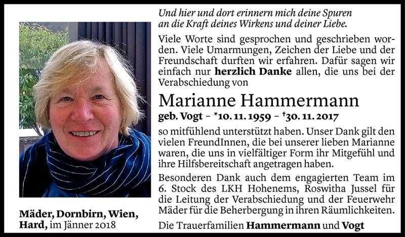  Todesanzeige für Marianne Hammermann vom 05.01.2018 aus Vorarlberger Nachrichten