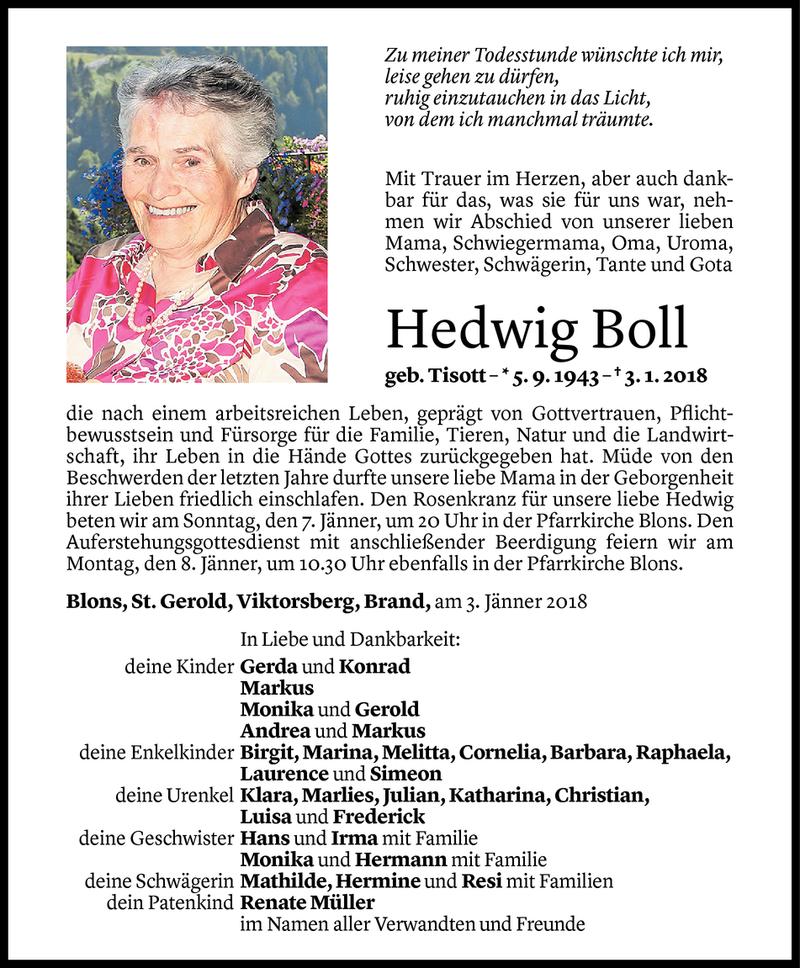  Todesanzeige für Hedwig Boll vom 04.01.2018 aus Vorarlberger Nachrichten