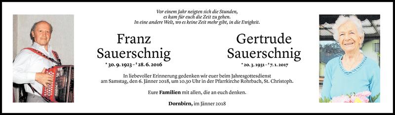  Todesanzeige für Franz Sauerschnig vom 04.01.2018 aus Vorarlberger Nachrichten