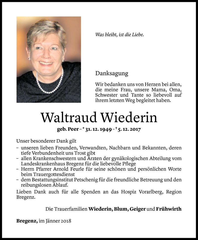  Todesanzeige für Waltraud Wiederin vom 04.01.2018 aus Vorarlberger Nachrichten
