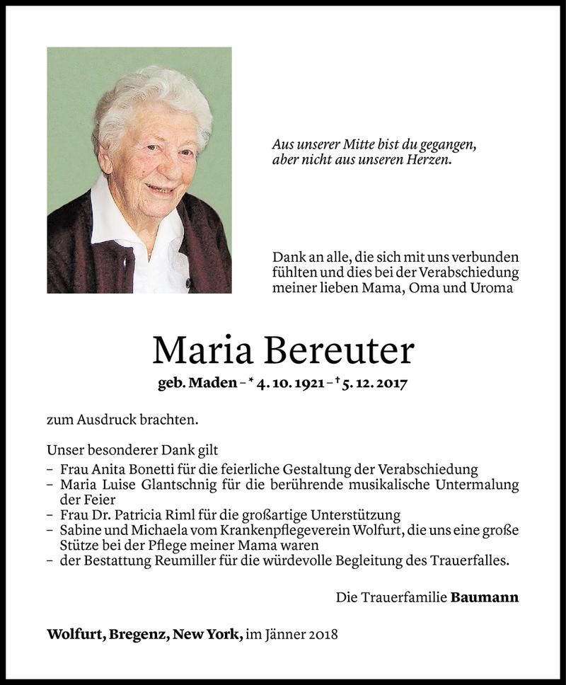  Todesanzeige für Maria Bereuter vom 07.01.2018 aus Vorarlberger Nachrichten