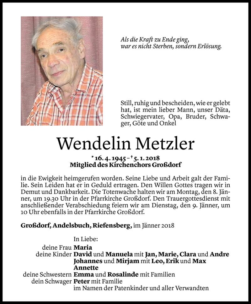  Todesanzeige für Wendelin Metzler vom 07.01.2018 aus Vorarlberger Nachrichten