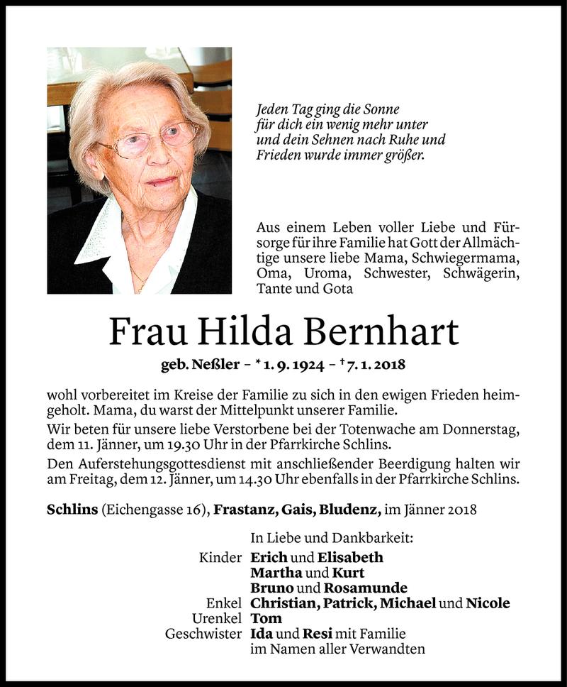  Todesanzeige für Hilda Bernhart vom 09.01.2018 aus Vorarlberger Nachrichten