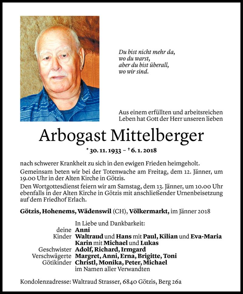  Todesanzeige für Arbogast Mittelberger vom 10.01.2018 aus Vorarlberger Nachrichten