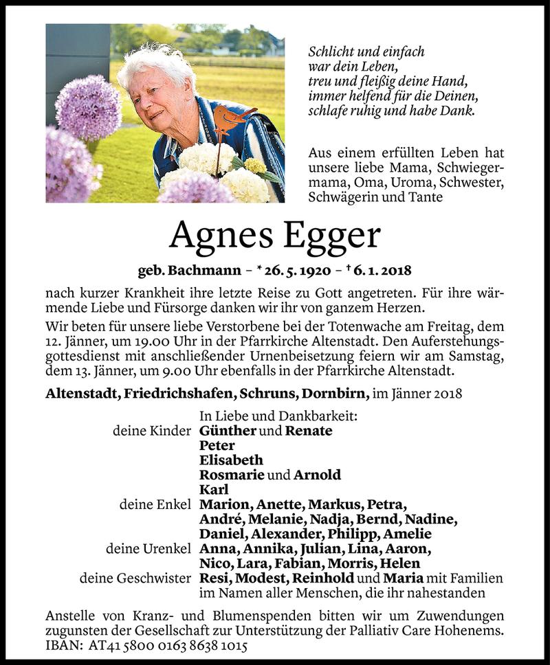 Todesanzeigen von Agnes Egger | Todesanzeigen Vorarlberger Nachrichten