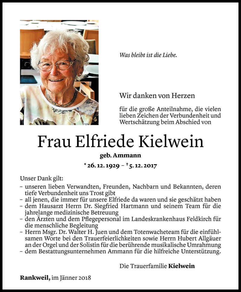  Todesanzeige für Elfriede Kielwein vom 13.01.2018 aus Vorarlberger Nachrichten