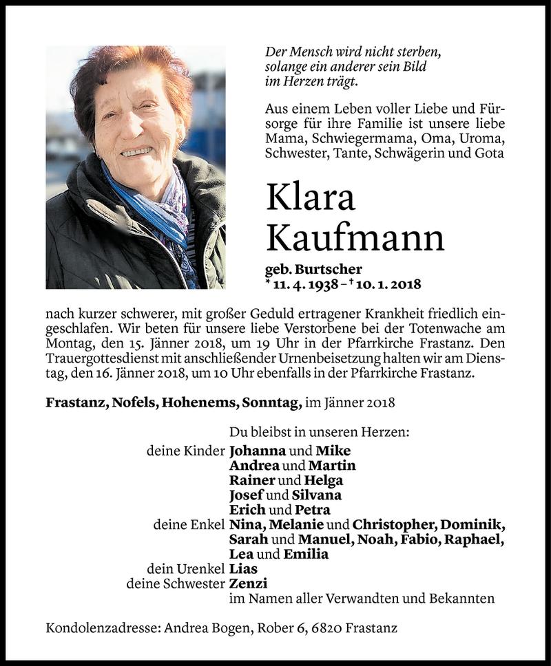  Todesanzeige für Klara Kaufmann vom 12.01.2018 aus Vorarlberger Nachrichten