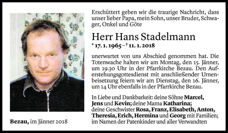  Todesanzeige für Hans Stadelmann vom 12.01.2018 aus Vorarlberger Nachrichten