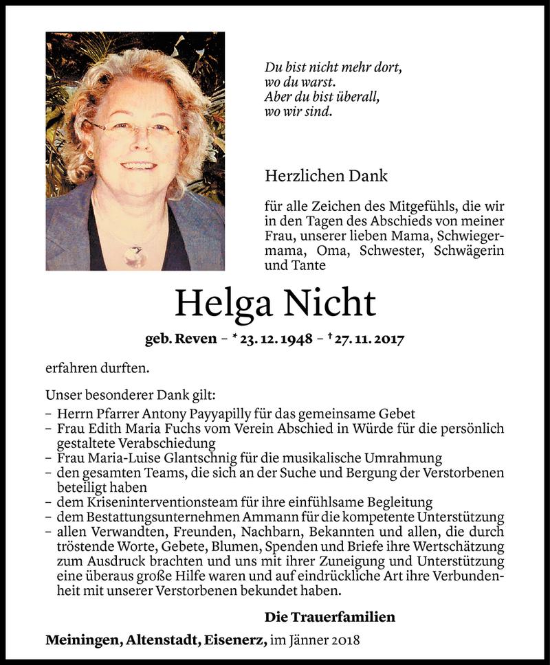  Todesanzeige für Helga Nicht vom 13.01.2018 aus Vorarlberger Nachrichten