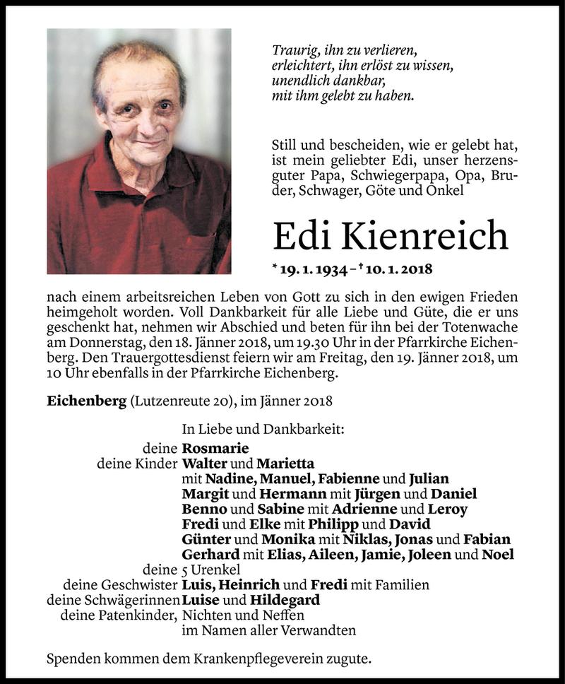  Todesanzeige für Edmund Kienreich vom 15.01.2018 aus Vorarlberger Nachrichten