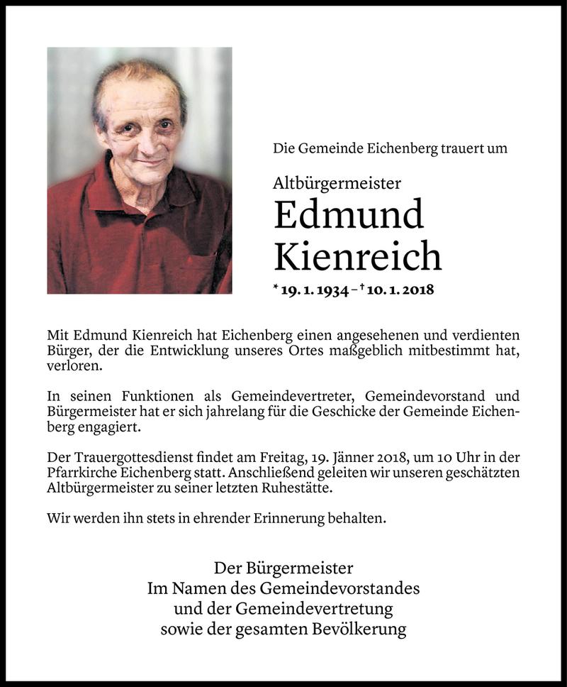  Todesanzeige für Edmund Kienreich vom 15.01.2018 aus Vorarlberger Nachrichten