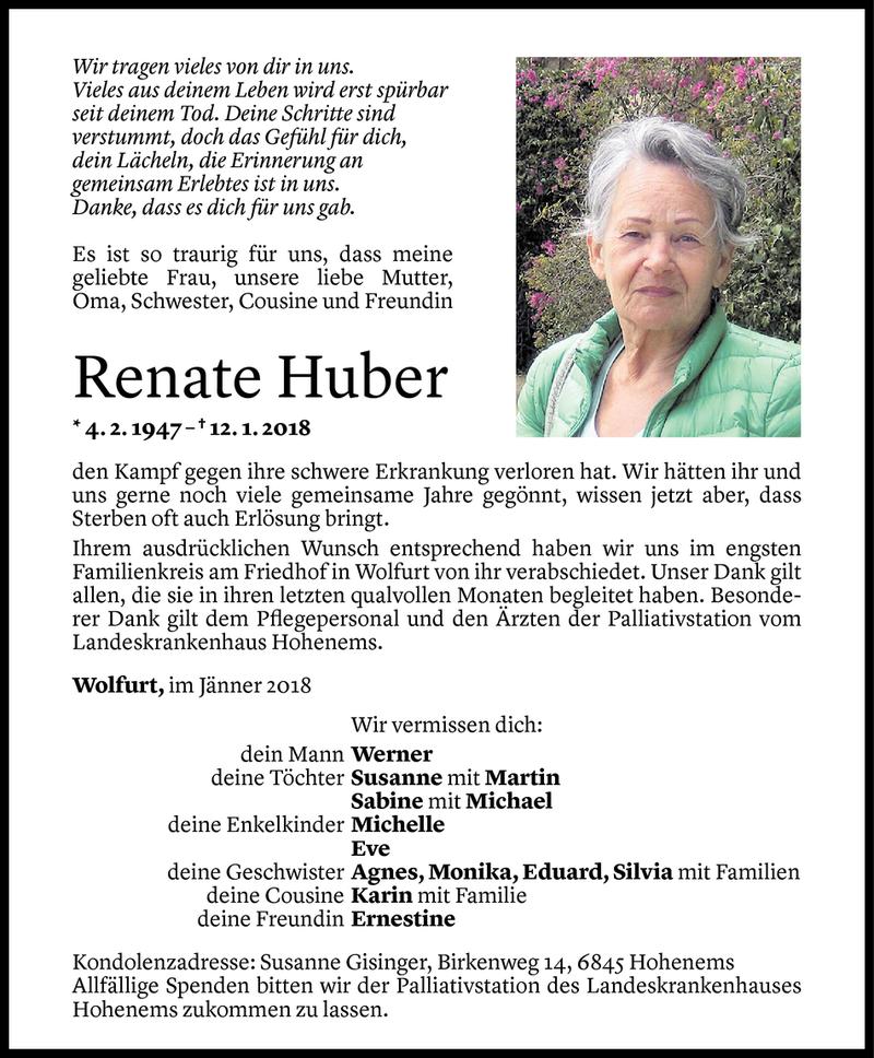  Todesanzeige für Renate Huber vom 20.01.2018 aus Vorarlberger Nachrichten