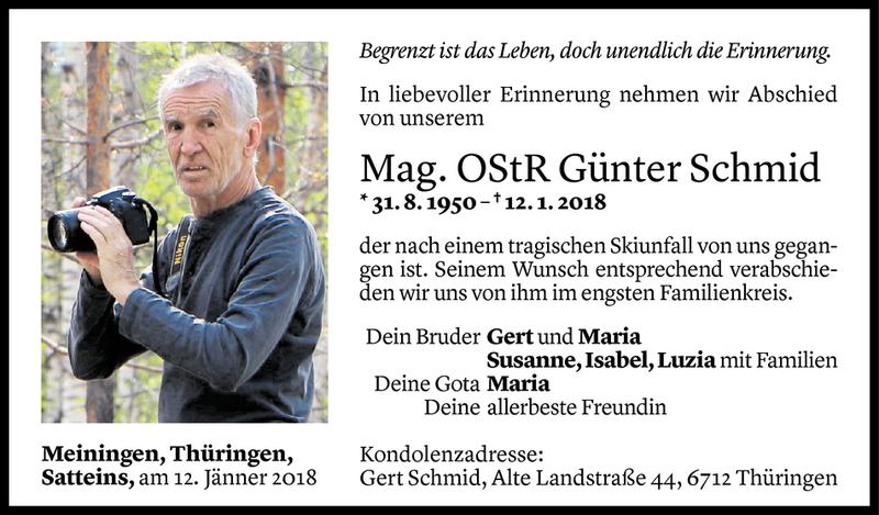  Todesanzeige für Günter Schmid vom 19.01.2018 aus Vorarlberger Nachrichten