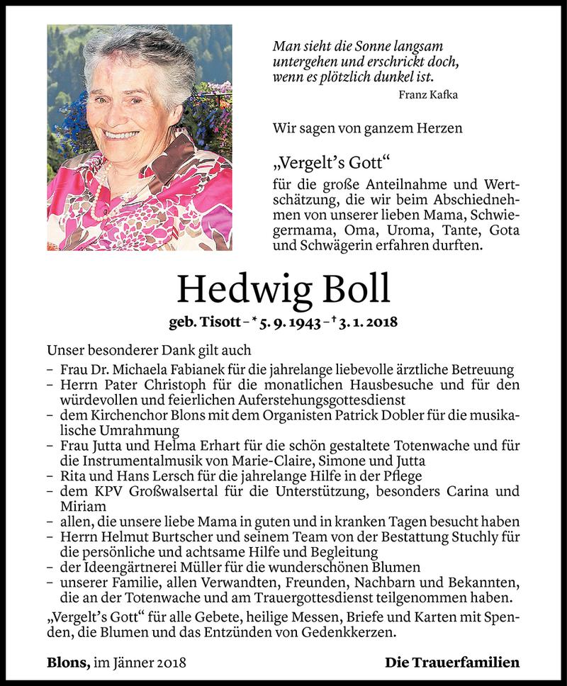  Todesanzeige für Hedwig Boll vom 19.01.2018 aus Vorarlberger Nachrichten