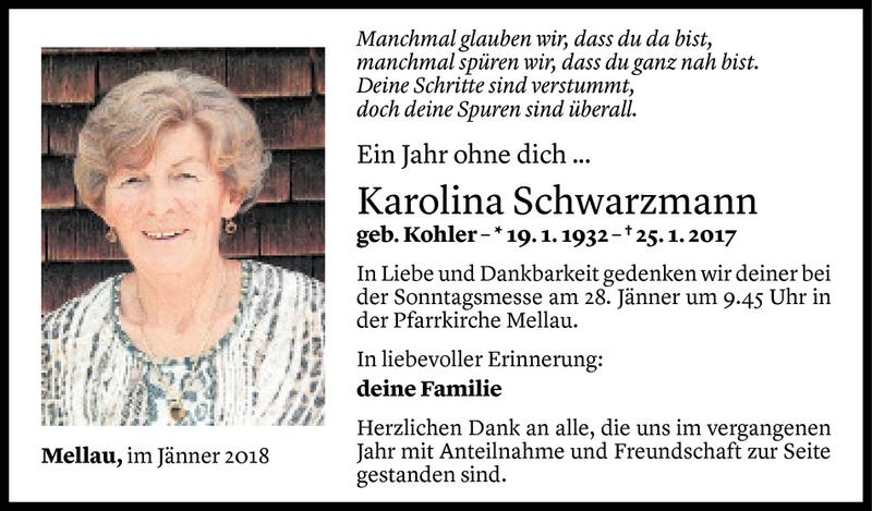  Todesanzeige für Karolina Schwarzmann vom 24.01.2018 aus Vorarlberger Nachrichten
