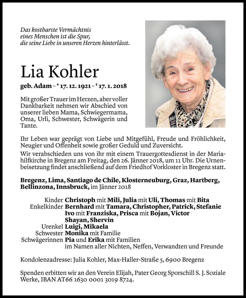  Todesanzeige für Lia Kohler vom 22.01.2018 aus Vorarlberger Nachrichten